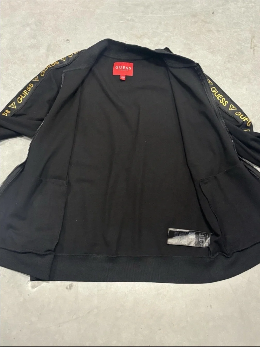 Guess Los Angeles Y2K Track Jacket Mens M Black Full Zip Gold Logo Sleeve Tape